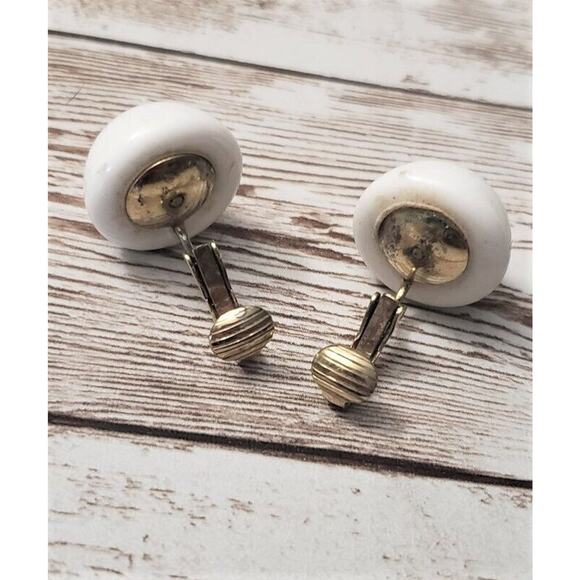 Vintage Clip On Earrings - White Domed 0.75" - Some Staining - Picture 5 of 5